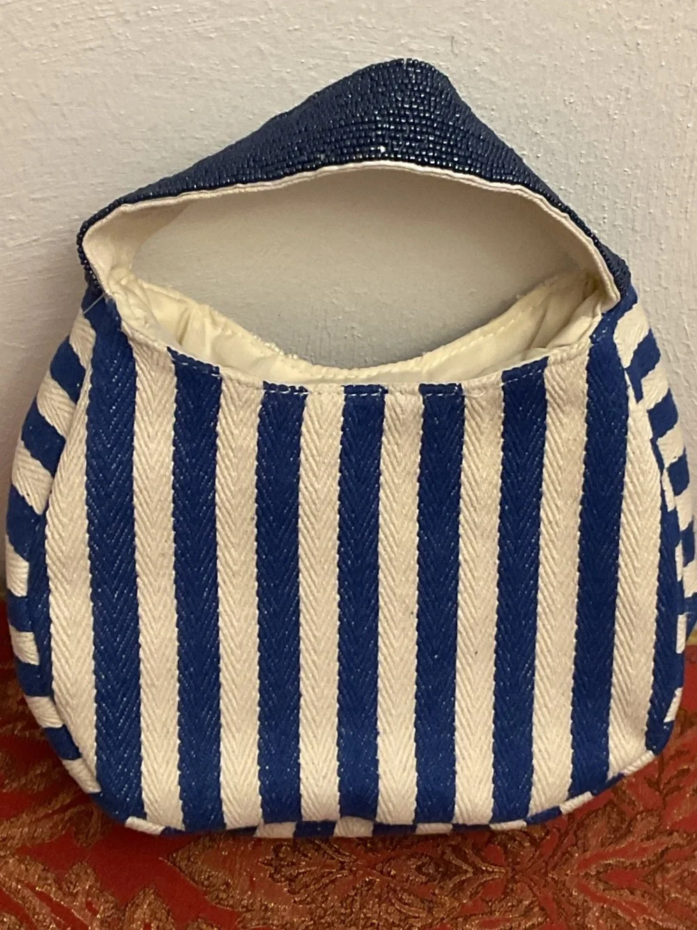 NWT Sardines Micro Beaded Blue White striped canvas Bag